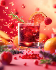 red berry summer cocktail, midair action, vibrant colors