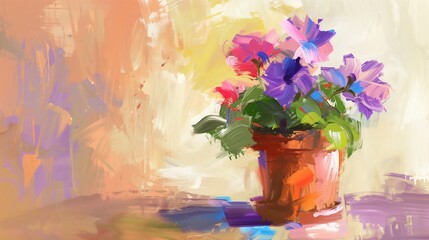Flower in pot in painting with bold brush strokes