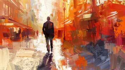 Fototapeta premium Man walking in the street in painting with bold brush strokes