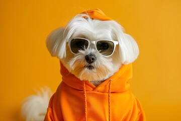 A white dog wearing sunglasses and an orange hoodie poses