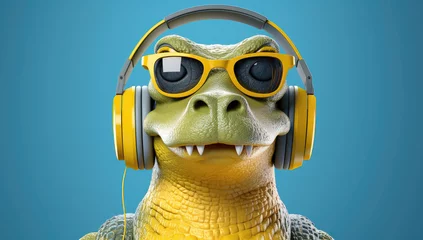 Poster Chill crocodile rocking sunglasses and headphones, a blend of prehistoric vibes with modern swag on a cool blue background. © Sascha