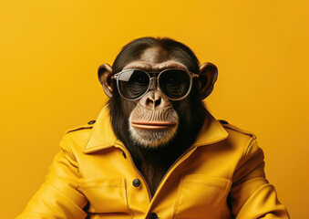 A stylish chimpanzee in a yellow leather jacket and dark sunglasses against a matching yellow backdrop, exuding cool attitude. - obrazy, fototapety, plakaty