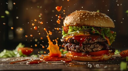 Close-up of a gourmet burger with sauce splashing around it - obrazy, fototapety, plakaty