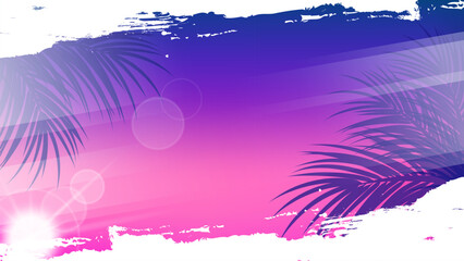 Summertime background with palm leaves, summer sun and white brush strokes for Summer season creative graphic design. Vector illustration. - obrazy, fototapety, plakaty