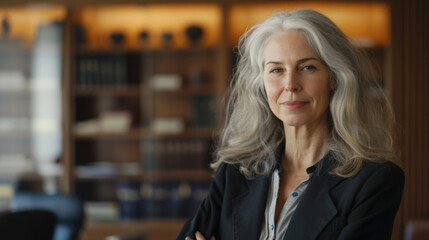 Portrait of elderly lawyer woman with grey hair in modern office