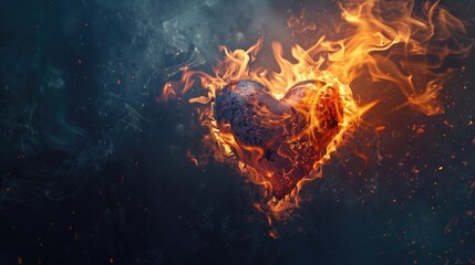 A beautiful heart of fire and flame. Passion. The flame is a symbol of love. A searing fire in the shape of a heart. - obrazy, fototapety, plakaty