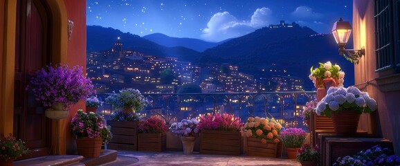 The balcony of the apartment overlooked the city with a night sky full of stars. 