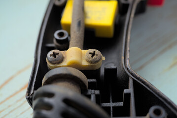 Fragment of disassembled drill, selective focus