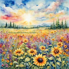 Vibrant sunflowers and an array of colorful wildflowers bask under the warm glow of a setting sun, with the backdrop featuring a serene mountain range and a softly painted sky