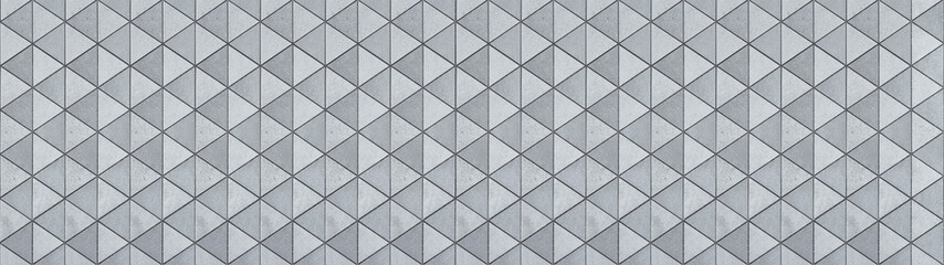Abstract gray grey white triangular cement concrete stone mosaic tiles, tile mirror or wallpaper texture with geometric hexagon triangles background banner panorama, seamless pattern.