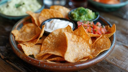 Mexican nachos with guacamole and salsa dip - obrazy, fototapety, plakaty