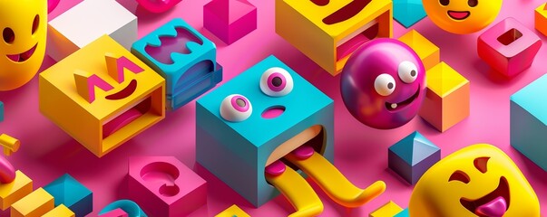 Dynamic 3D emoji faces, each popping out from different sections of a flat, geometric-patterned wallpaper