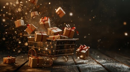 Dynamic scene of gift boxes in mid-pour into an old-fashioned cart - obrazy, fototapety, plakaty