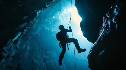 Cave explorer rappelling into the abyss, underground wonders, adventure and speleology