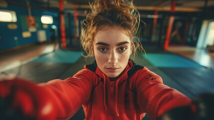 Dynamic snapshot of a female boxer taking a selfie, showing off her gloves and determination
