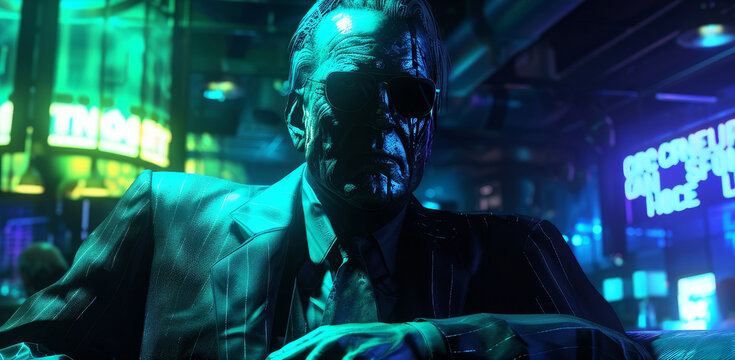 Underworld kingpin in a holographic den, crime and neon, cybersyndicate