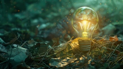 Eco bulb concept art, glowing softly amidst recycled materials