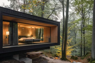 Fotobehang modern minimalist hotel for a relaxing vacation. Retreat hotel in the forest with a beautiful and peaceful view for privacy with yourself © VetalStock