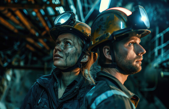 A woman and man in hard hats with lights on their heads, working together at the mine.
