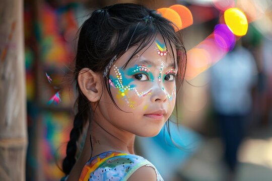 a young myanmar girl is photographed with a face paint