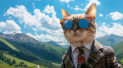 A businesses cat wearing sunglasses and a suit with a tie.