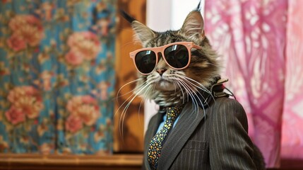 A businesses cat wearing sunglasses and a suit with a tie.