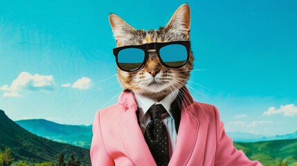 A businesses cat wearing sunglasses and a suit with a tie.