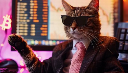 A businesses cat wearing sunglasses and a suit with a tie.