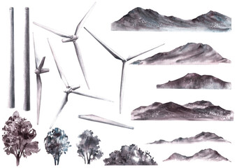 Landscape constructor. Windmills wind turbine, hills, mountains, bushes trees. Hand drawn monochrome watercolor illustration. Green energy concept , environmental protection. isolated white background