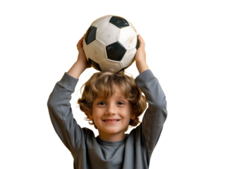A young boy holds a soccer ball over his head against a transparent background