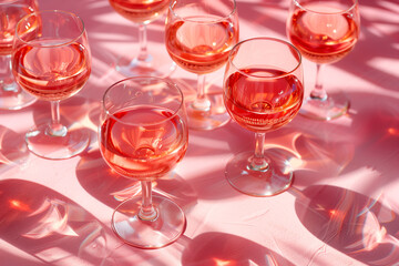 Glasses of wine on pink surface