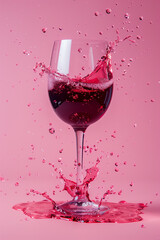 Glasses of red wine flying in the air, splashes of wine fly away, on a pink background 
