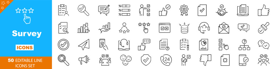 Survey icon set. Containing feedback, opinion, questionnaire, poll, research, data collection, review and satisfaction icons. Solid icon collection. Vector illustration.