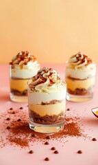 Three layers of indulgent tiramisu in transparent glasses against a pastel background tiramisu, sweet