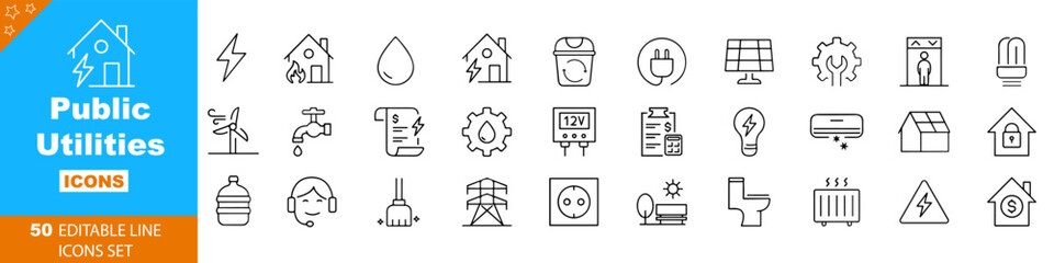 Public Utilities outline icons with editable stroke collection. Includes Water, Fuel, Electricity, Solar House, Maintainence, and More.