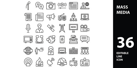 Set of line icon related to mass media, social networks, public media, journalism, communication, networking. Outline icon collection. Editable stroke. Vector illustration