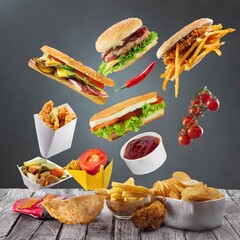 Assorted Fast Food Items Flying on White Background, sandwich - obrazy, fototapety, plakaty