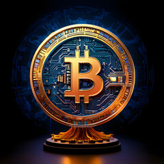 Golden brain with 3D Bitcoin coin neural networks illuminated, symbolizing the cognitive processes involved in research and discovery