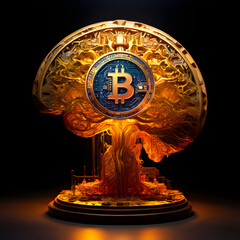Golden brain with 3D Bitcoin coin neural networks illuminated, symbolizing the cognitive processes involved in research and discovery