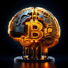 Golden brain with 3D Bitcoin coin neural networks illuminated, symbolizing the cognitive processes involved in research and discovery