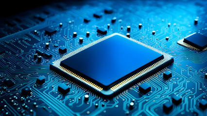 Microchip circuit boards, artificial intelligence chips, technological and business backgrounds - obrazy, fototapety, plakaty