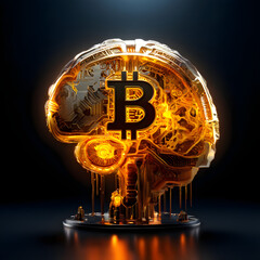 Golden brain with 3D Bitcoin coin neural networks illuminated, symbolizing the cognitive processes involved in research and discovery
