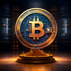 Golden brain with 3D Bitcoin coin neural networks illuminated, symbolizing the cognitive processes involved in research and discovery