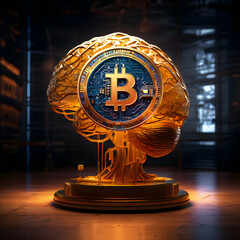 Golden brain with 3D Bitcoin coin neural networks illuminated, symbolizing the cognitive processes involved in research and discovery