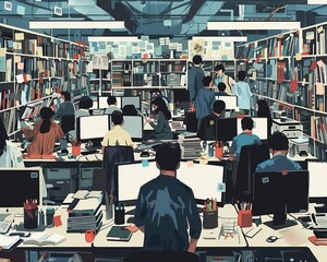 Office at peak hours, with workers collaborating intensely - obrazy, fototapety, plakaty