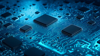Microchip circuit boards, artificial intelligence chips, technological and business backgrounds - obrazy, fototapety, plakaty
