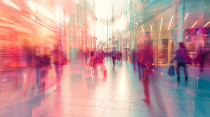 Blurred figures of shoppers in a shopping center, abstract background
