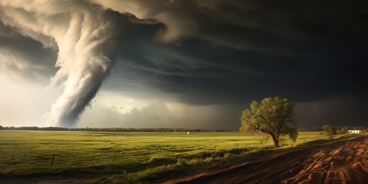 Tornado twisting across flat prairie, concept of Vortex