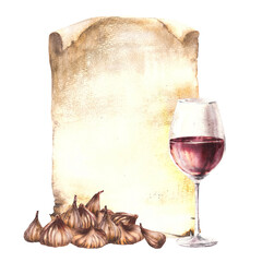 Dried figs fruit with glass of white wine or juice on vintage paper background. Alcoholic beverage drink menu, wine list template, liquor, schnapps label. Watercolor food painted illustration Isolated