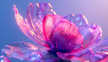 Vivid macro shot of water droplets on a blooming pink and purple flower.